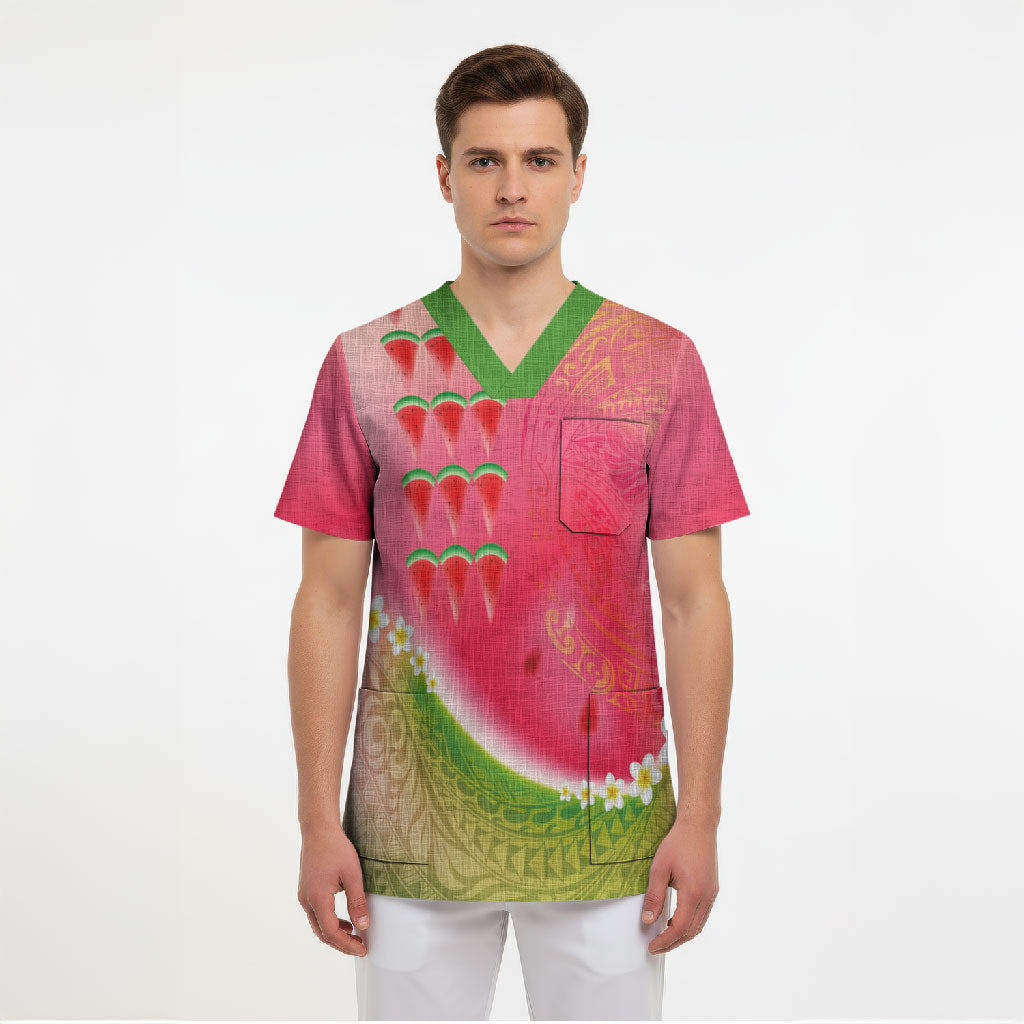 Hawaiian Watermelon Scrub Top with Kakau Art Tattoo LT03 - Polynesian Pride