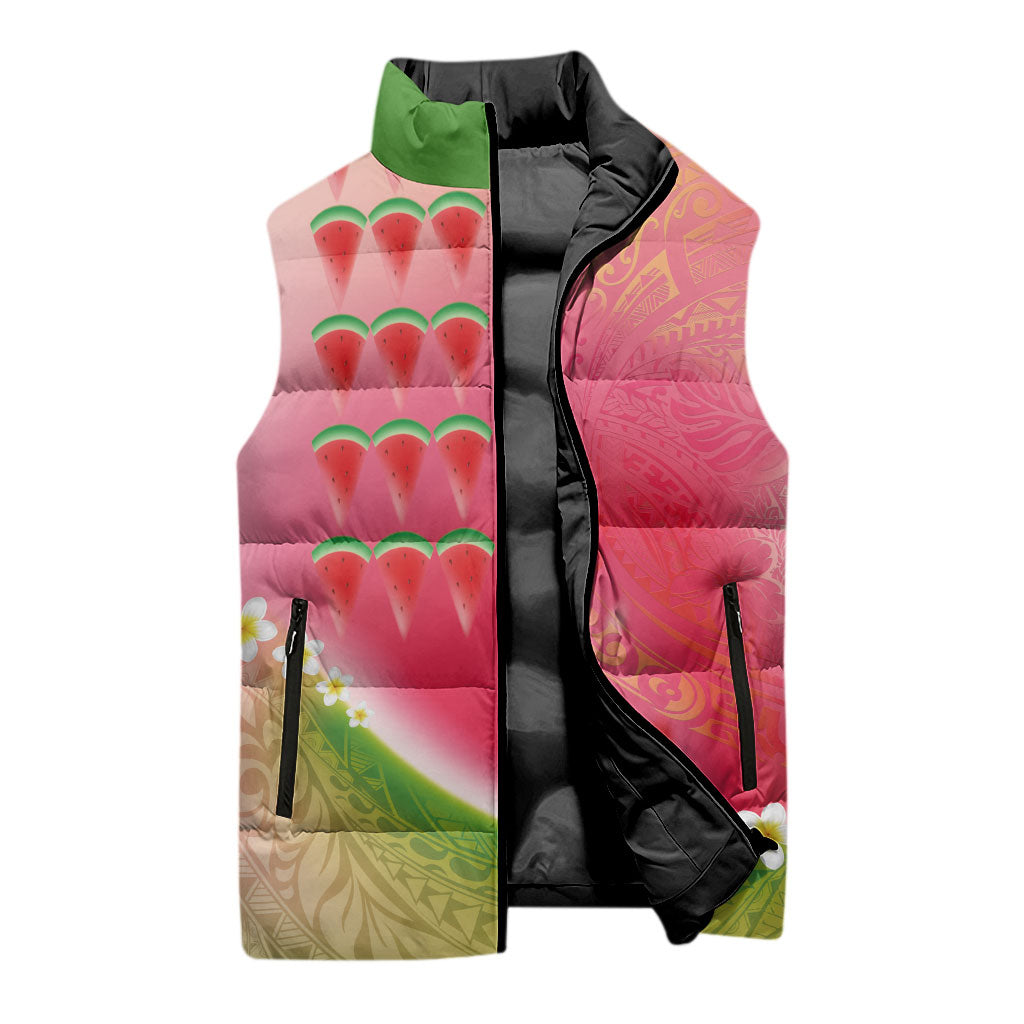 Hawaiian Watermelon Sleeveless Puffer Jacket with Kakau Art Tattoo LT03 - Polynesian Pride
