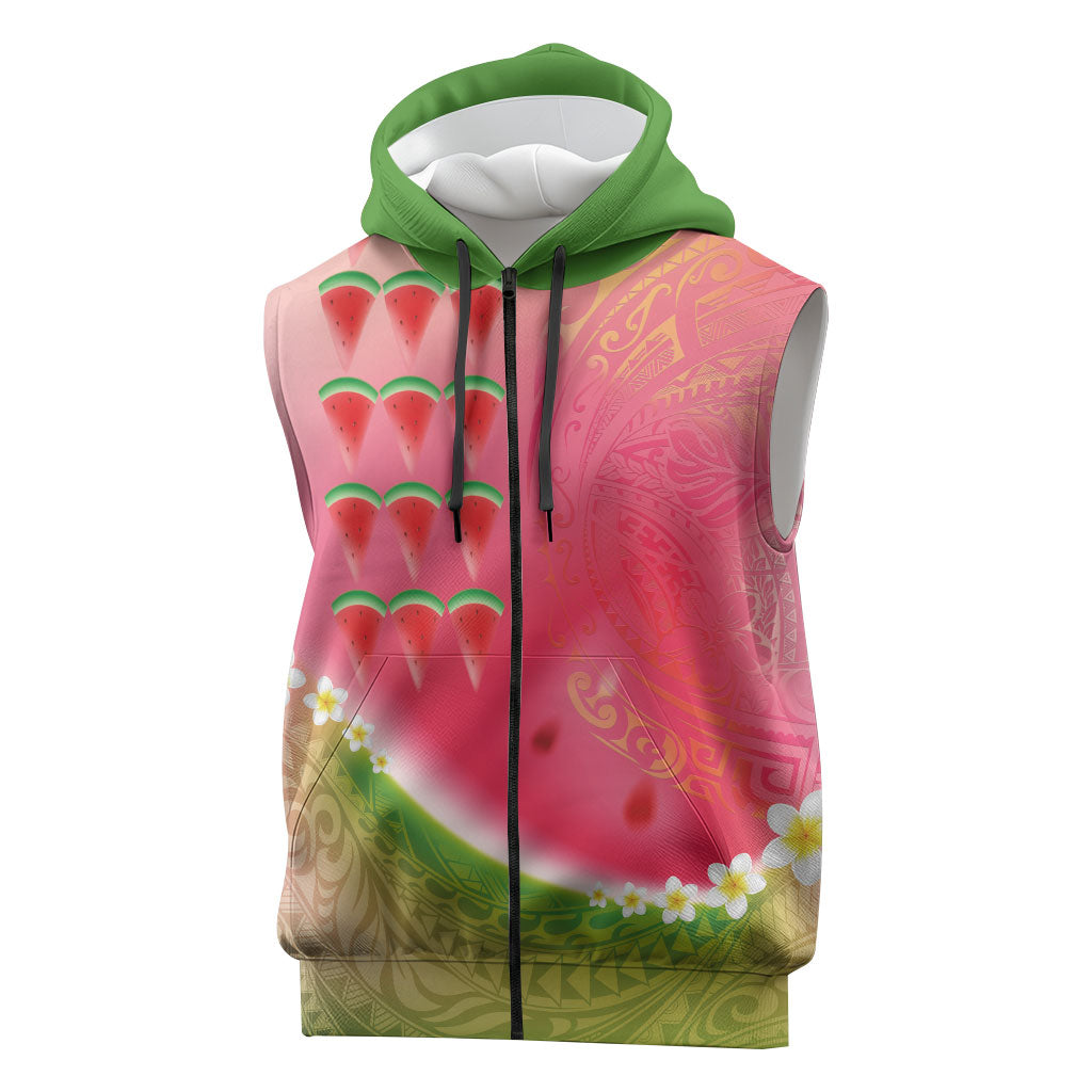 Hawaiian Watermelon Sleeveless Zip Hoodie with Kakau Art Tattoo LT03 Multicolor - Polynesian Pride