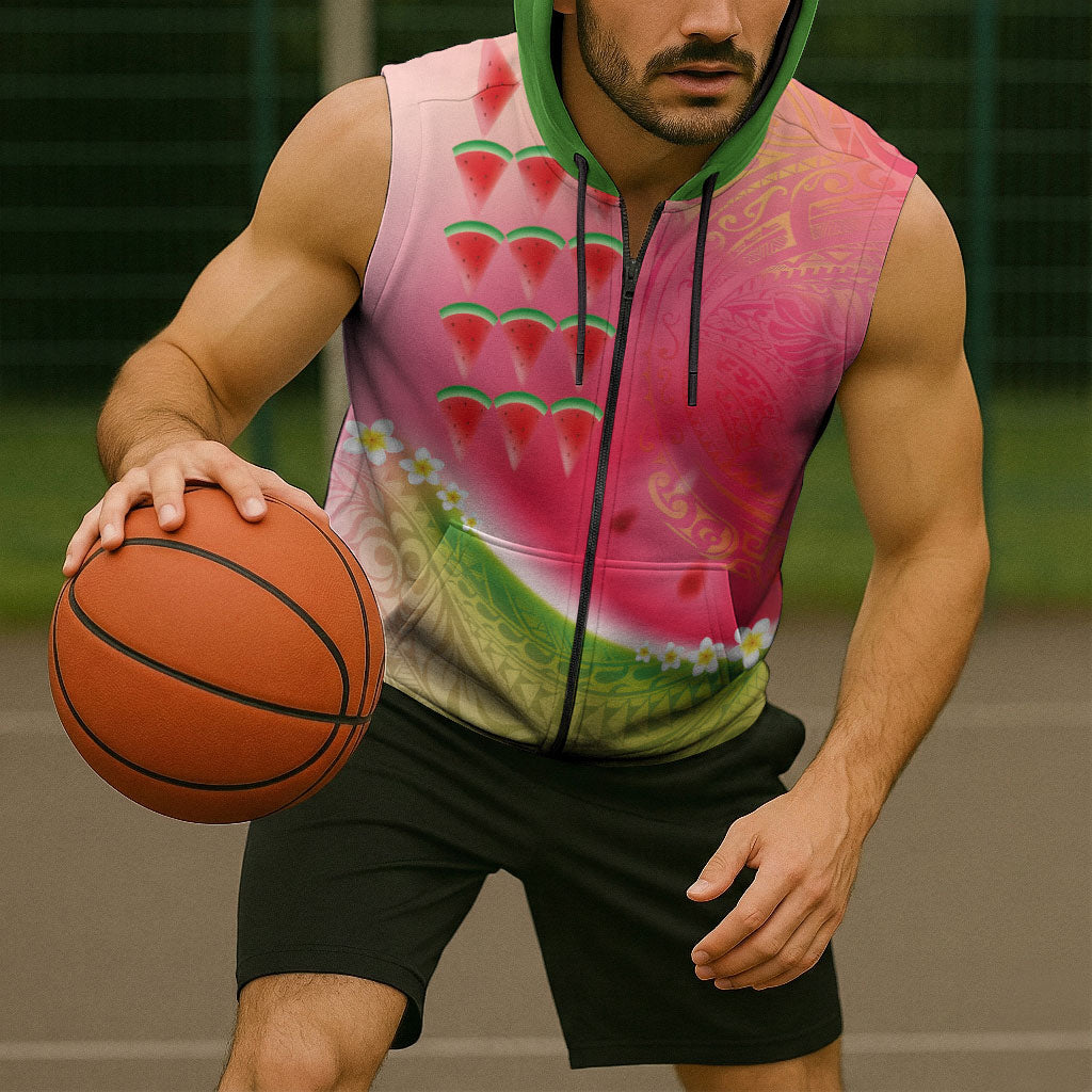 Hawaiian Watermelon Sleeveless Zip Hoodie with Kakau Art Tattoo LT03 - Polynesian Pride