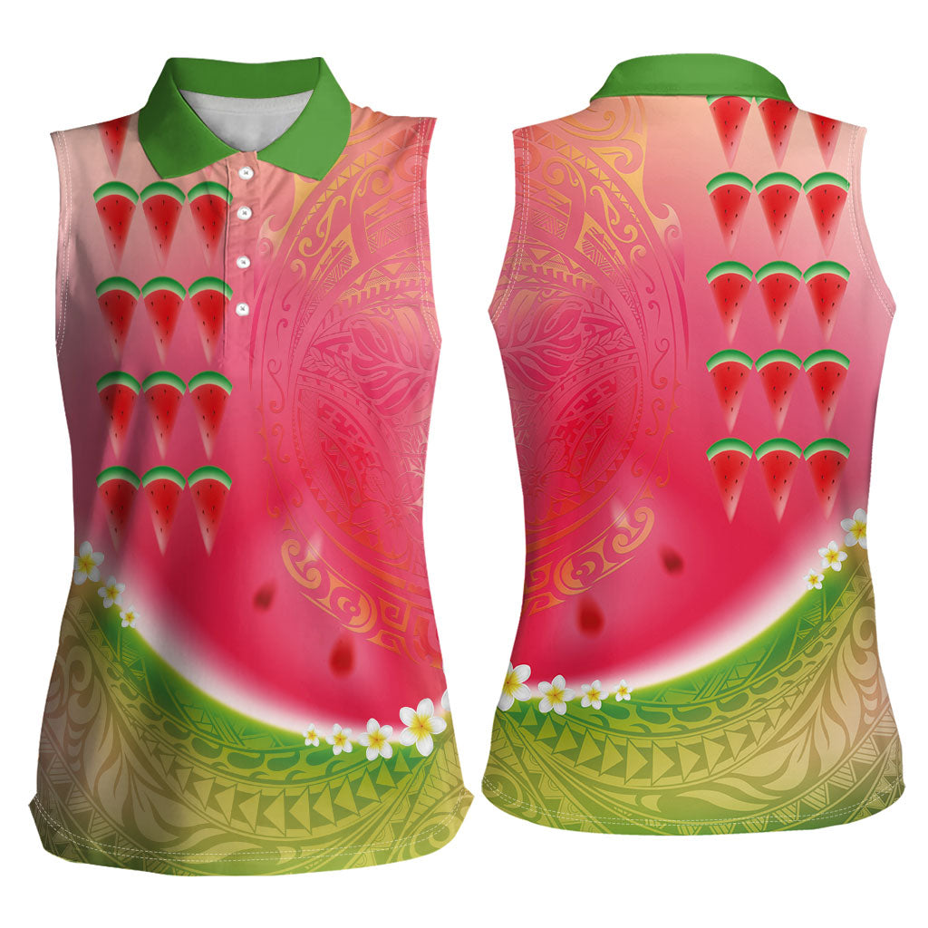 Hawaiian Watermelon Women Sleeveless Polo Shirt with Kakau Art Tattoo LT03 - Polynesian Pride