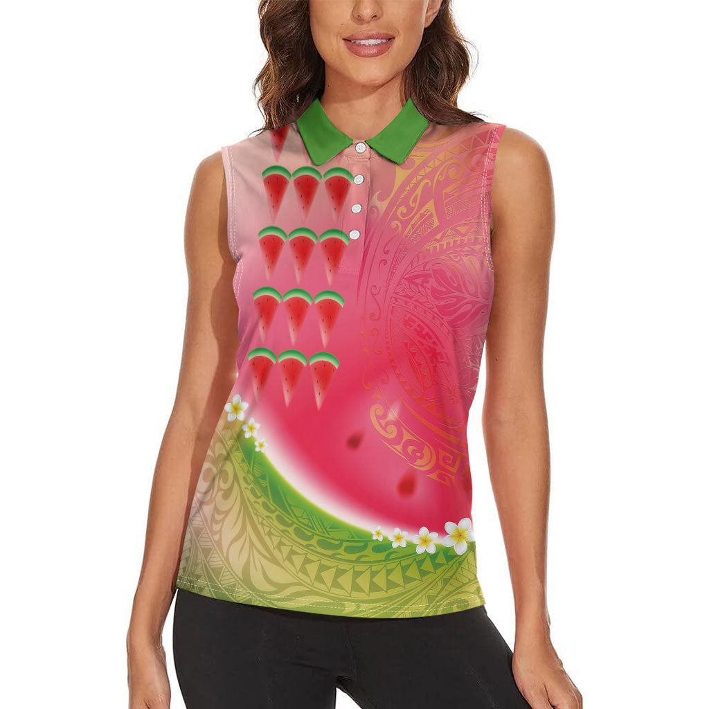 Hawaiian Watermelon Women Sleeveless Polo Shirt with Kakau Art Tattoo LT03 - Polynesian Pride
