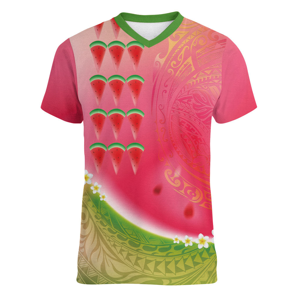 Hawaiian Watermelon Women V-Neck T-Shirt with Kakau Art Tattoo LT03 Female Multicolor - Polynesian Pride