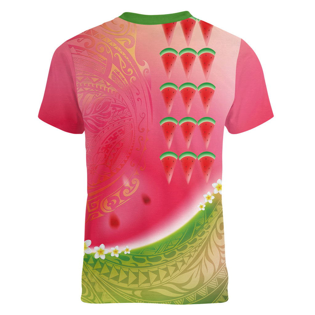 Hawaiian Watermelon Women V-Neck T-Shirt with Kakau Art Tattoo LT03 - Polynesian Pride