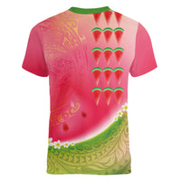 Hawaiian Watermelon Women V-Neck T-Shirt with Kakau Art Tattoo LT03 - Polynesian Pride
