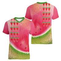 Hawaiian Watermelon Women V-Neck T-Shirt with Kakau Art Tattoo LT03 - Polynesian Pride