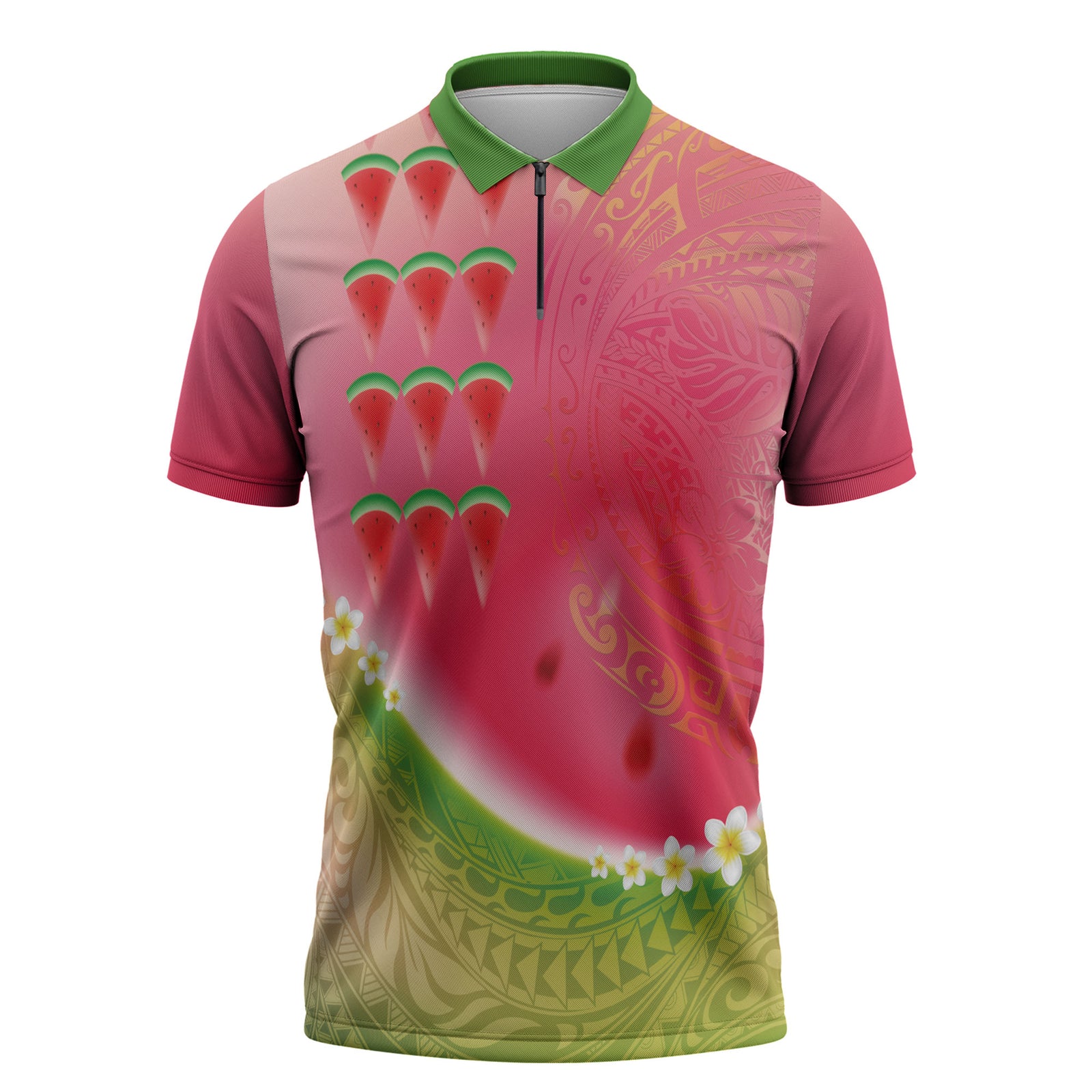 Hawaiian Watermelon Zipper Polo Shirt with Kakau Art Tattoo LT03 Multicolor - Polynesian Pride