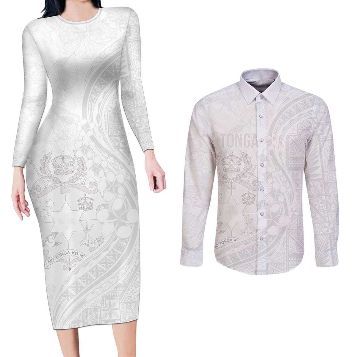 Tonga Faka Sepitema Couples Matching Long Sleeve Bodycon Dress and Long Sleeve Button Shirt Ngatu Pattern with Plumeria and Hibiscus LT03 White - Polynesian Pride