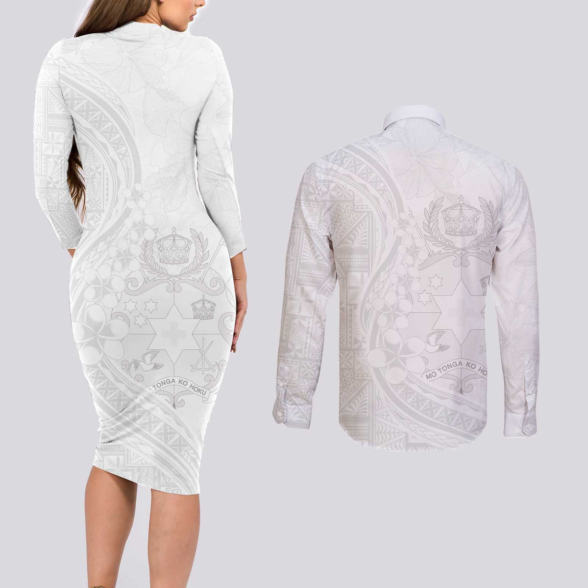 Tonga Faka Sepitema Couples Matching Long Sleeve Bodycon Dress and Long Sleeve Button Shirt Ngatu Pattern with Plumeria and Hibiscus LT03 - Polynesian Pride