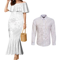 Tonga Faka Sepitema Couples Matching Mermaid Dress and Long Sleeve Button Shirt Ngatu Pattern with Plumeria and Hibiscus LT03 White - Polynesian Pride