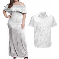 Tonga Faka Sepitema Couples Matching Off Shoulder Maxi Dress and Hawaiian Shirt Ngatu Pattern with Plumeria and Hibiscus LT03 White - Polynesian Pride