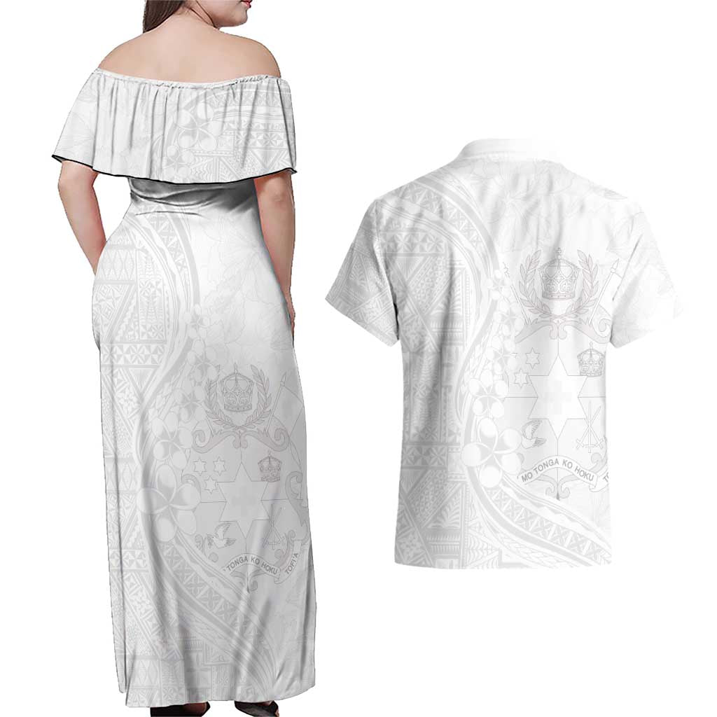 Tonga Faka Sepitema Couples Matching Off Shoulder Maxi Dress and Hawaiian Shirt Ngatu Pattern with Plumeria and Hibiscus LT03 - Polynesian Pride
