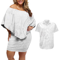 Tonga Faka Sepitema Couples Matching Off Shoulder Short Dress and Hawaiian Shirt Ngatu Pattern with Plumeria and Hibiscus LT03 White - Polynesian Pride