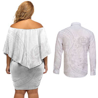 Tonga Faka Sepitema Couples Matching Off Shoulder Short Dress and Long Sleeve Button Shirt Ngatu Pattern with Plumeria and Hibiscus LT03 - Polynesian Pride