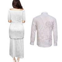 Tonga Faka Sepitema Couples Matching Puletasi and Long Sleeve Button Shirt Ngatu Pattern with Plumeria and Hibiscus