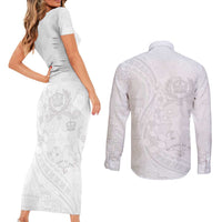 Tonga Faka Sepitema Couples Matching Short Sleeve Bodycon Dress and Long Sleeve Button Shirt Ngatu Pattern with Plumeria and Hibiscus LT03 - Polynesian Pride
