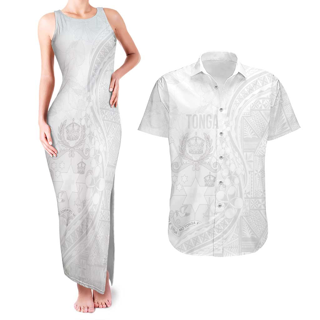 Tonga Faka Sepitema Couples Matching Tank Maxi Dress and Hawaiian Shirt Ngatu Pattern with Plumeria and Hibiscus LT03 White - Polynesian Pride