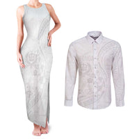 Tonga Faka Sepitema Couples Matching Tank Maxi Dress and Long Sleeve Button Shirt Ngatu Pattern with Plumeria and Hibiscus LT03 White - Polynesian Pride