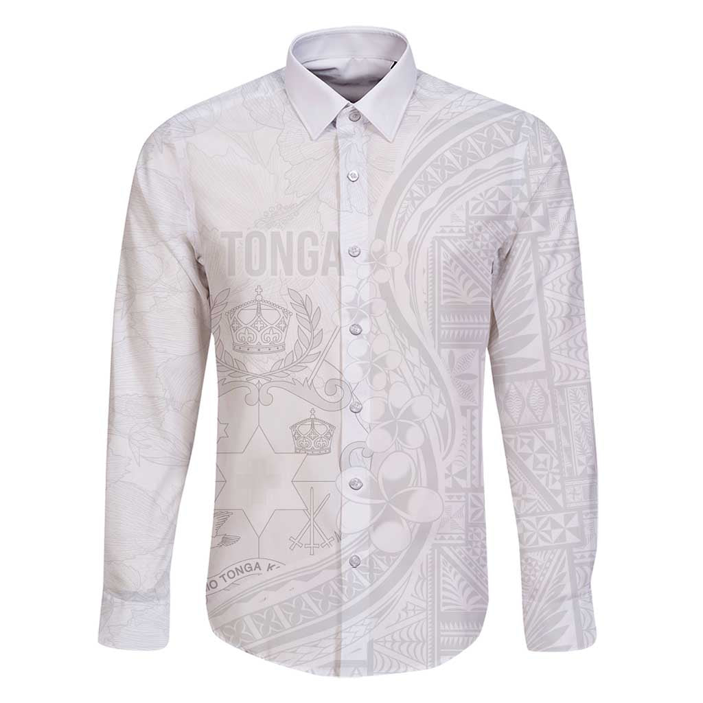 Tonga Faka Sepitema Family Matching Long Sleeve Bodycon Dress and Hawaiian Shirt Ngatu Pattern with Plumeria and Hibiscus LT03 Dad's Shirt - Long Sleeve White - Polynesian Pride