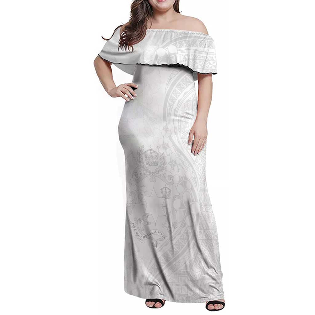 Tonga Faka Sepitema Family Matching Off Shoulder Maxi Dress and Hawaiian Shirt Ngatu Pattern with Plumeria and Hibiscus LT03 Mom's Dress White - Polynesian Pride