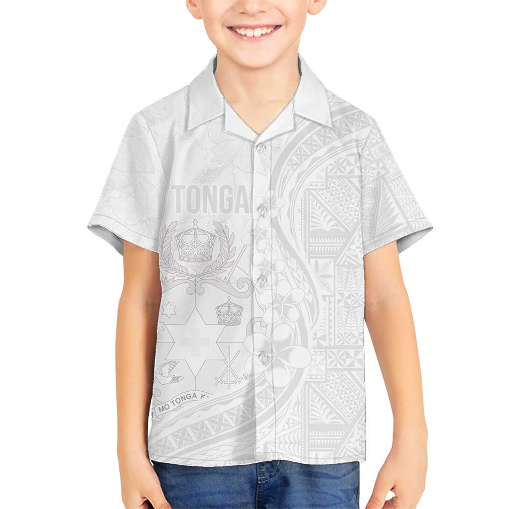 Tonga Faka Sepitema Family Matching Off Shoulder Maxi Dress and Hawaiian Shirt Ngatu Pattern with Plumeria and Hibiscus LT03 Son's Shirt White - Polynesian Pride
