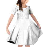 Tonga Faka Sepitema Family Matching Off Shoulder Short Dress and Hawaiian Shirt Ngatu Pattern with Plumeria and Hibiscus LT03 Daughter's Dress White - Polynesian Pride