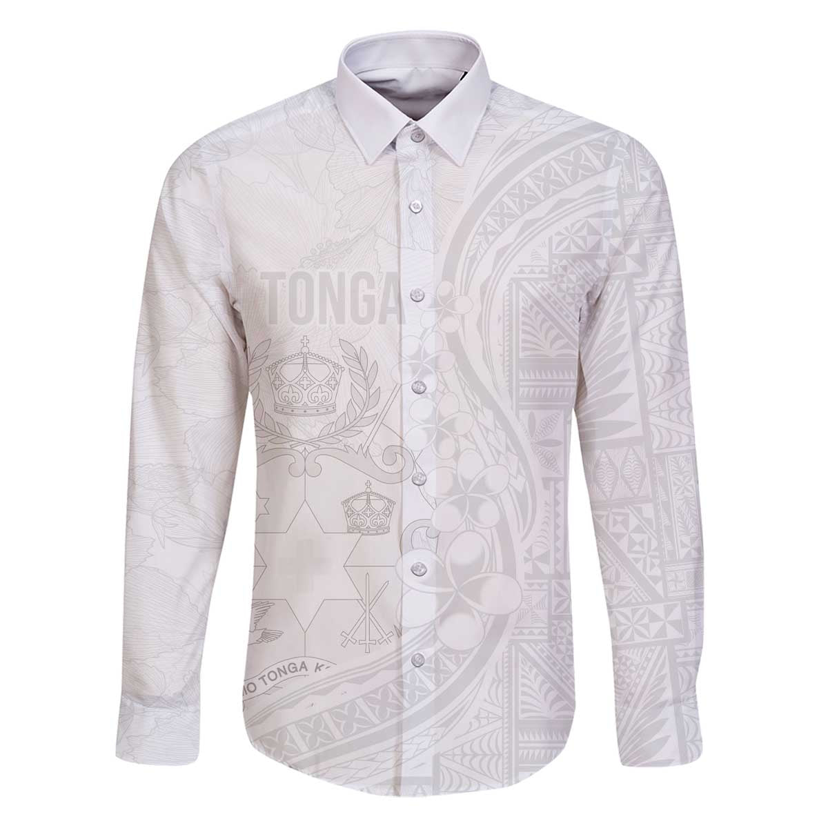 Tonga Faka Sepitema Family Matching Puletasi and Hawaiian Shirt Ngatu Pattern with Plumeria and Hibiscus LT03 Dad's Shirt - Long Sleeve White - Polynesian Pride