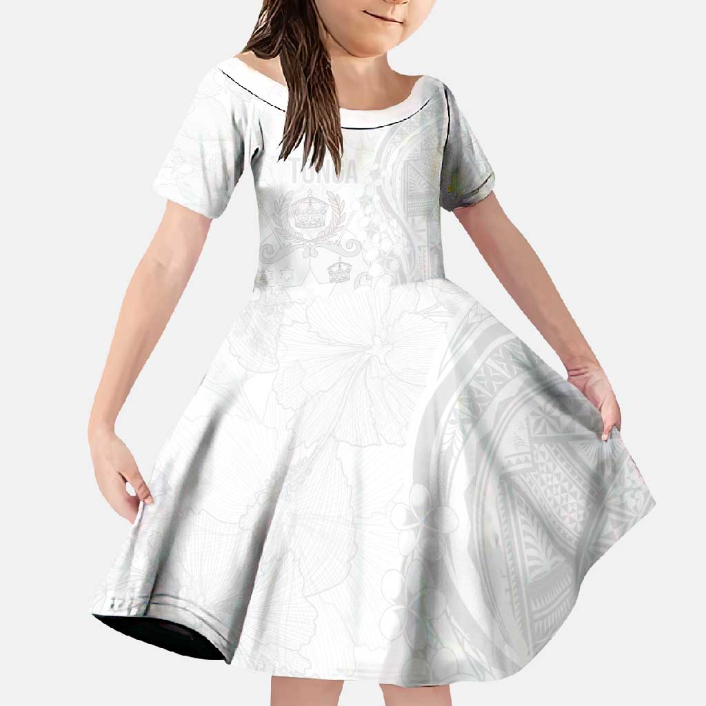 Tonga Faka Sepitema Family Matching Tank Maxi Dress and Hawaiian Shirt Ngatu Pattern with Plumeria and Hibiscus LT03 Daughter's Dress White - Polynesian Pride