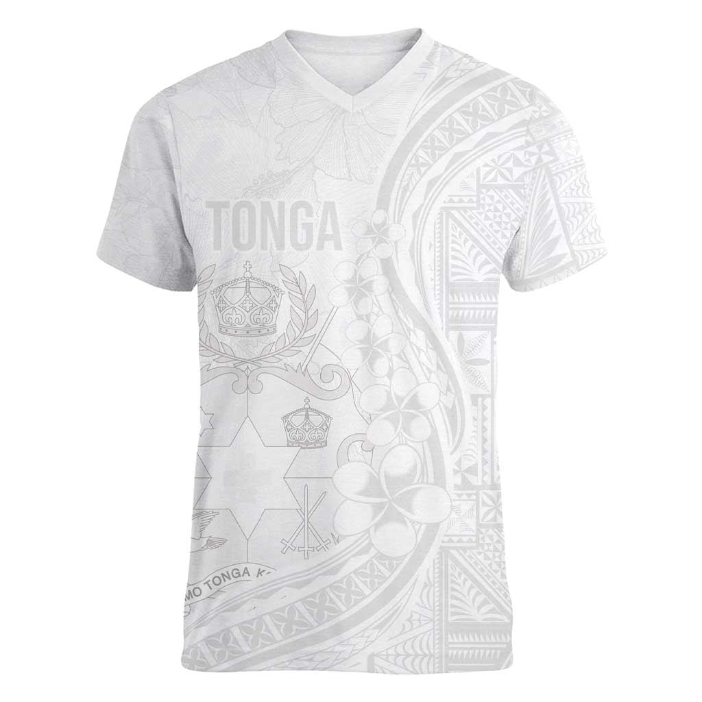 Tonga Faka Sepitema Women V-Neck T-Shirt Ngatu Pattern with Plumeria and Hibiscus LT03 Female White - Polynesian Pride