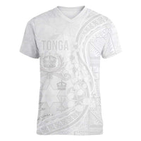 Tonga Faka Sepitema Women V-Neck T-Shirt Ngatu Pattern with Plumeria and Hibiscus LT03 Female White - Polynesian Pride