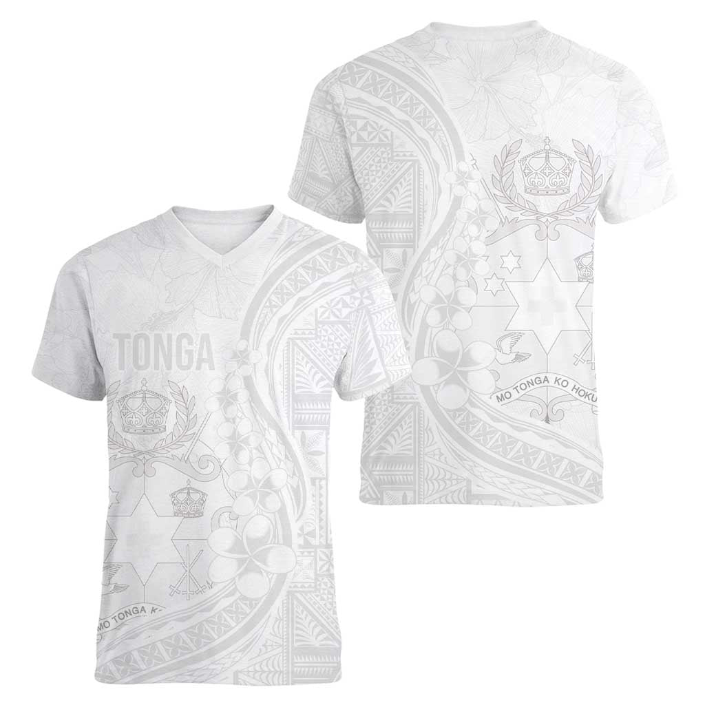 Tonga Faka Sepitema Women V-Neck T-Shirt Ngatu Pattern with Plumeria and Hibiscus LT03 - Polynesian Pride