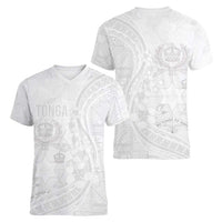 Tonga Faka Sepitema Women V-Neck T-Shirt Ngatu Pattern with Plumeria and Hibiscus LT03 - Polynesian Pride