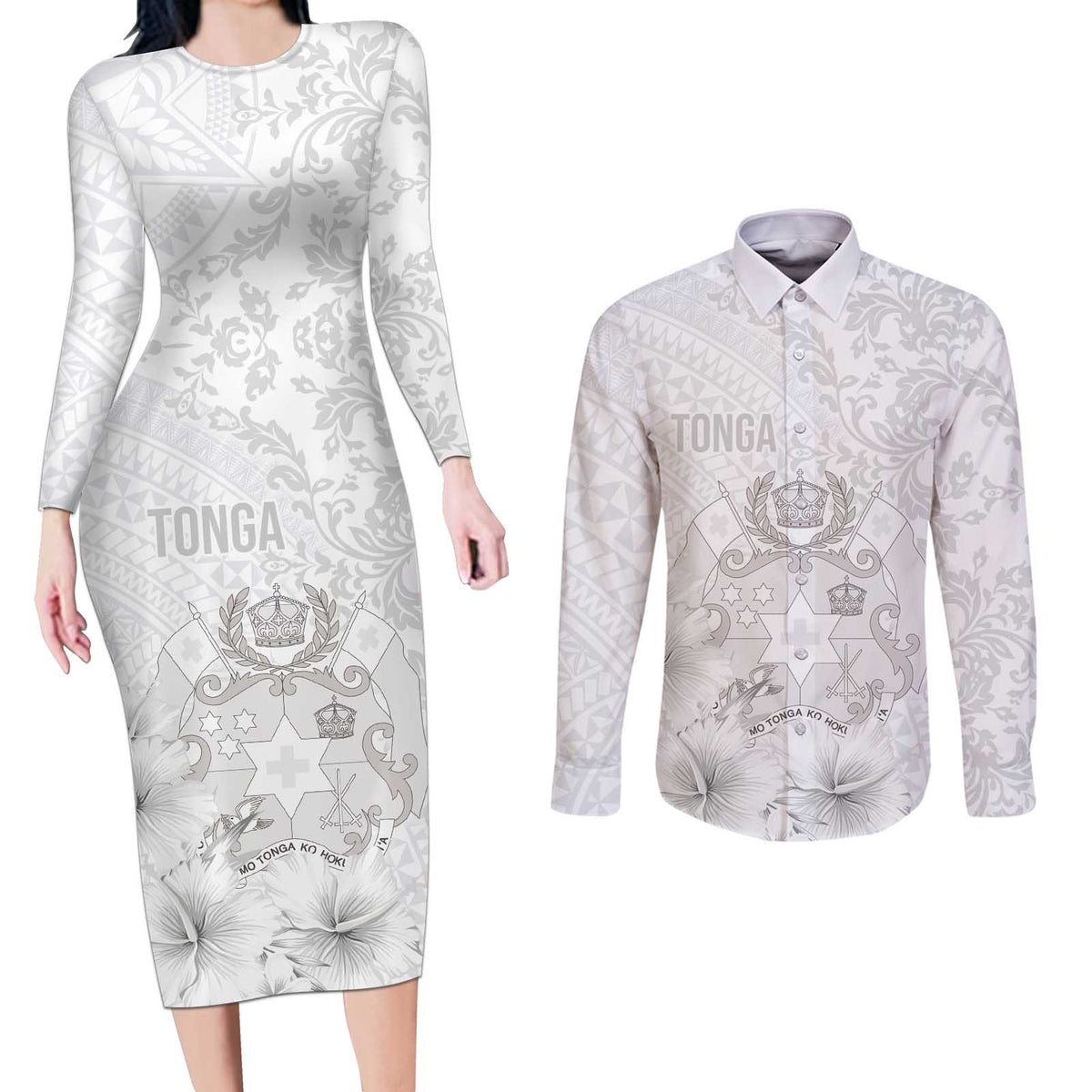 Tonga Faka Sepitema Couples Matching Long Sleeve Bodycon Dress and Long Sleeve Button Shirt Ngatu and Floral Pattern with Blooming Hibiscus LT03 White - Polynesian Pride