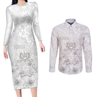 Tonga Faka Sepitema Couples Matching Long Sleeve Bodycon Dress and Long Sleeve Button Shirt Ngatu and Floral Pattern with Blooming Hibiscus LT03 White - Polynesian Pride