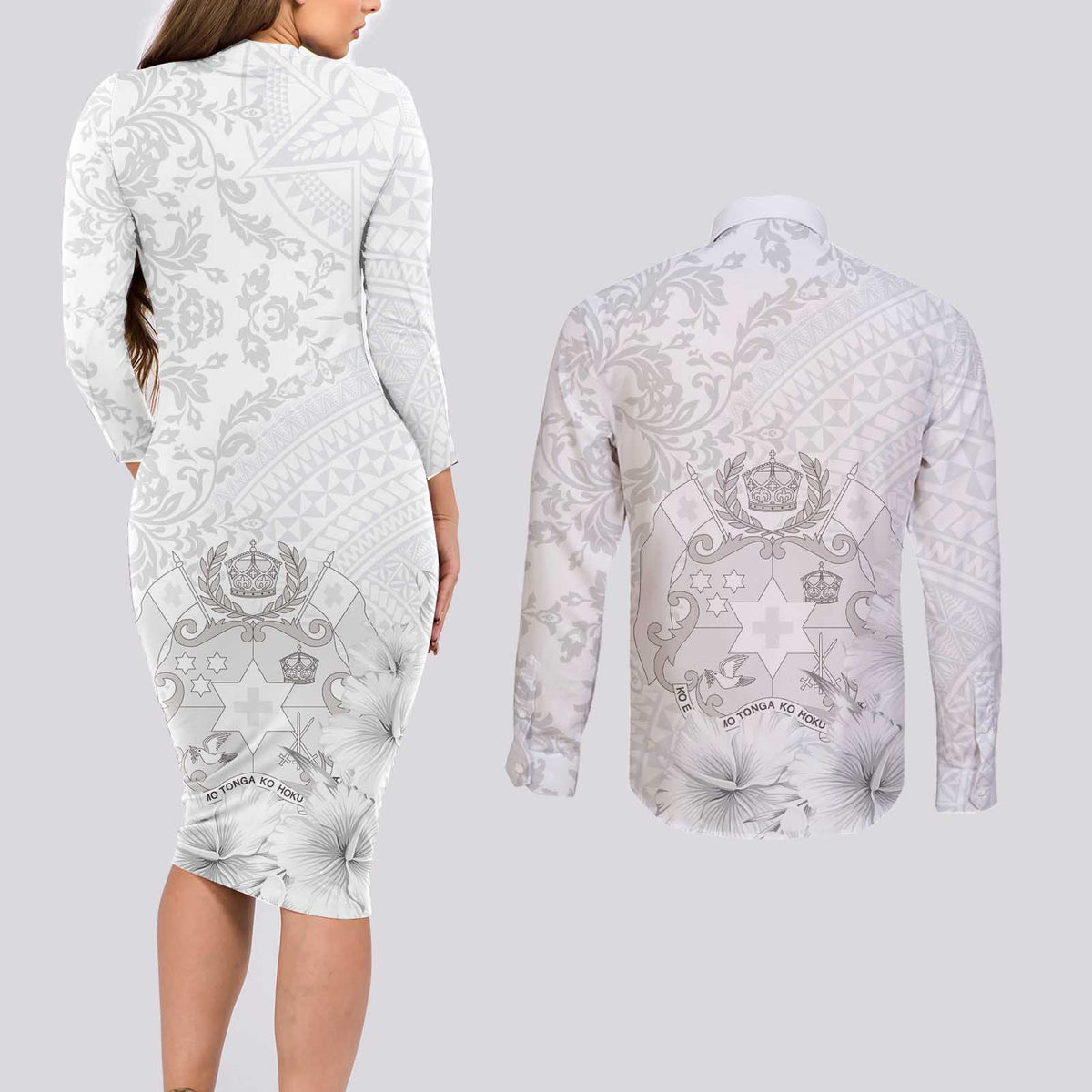 Tonga Faka Sepitema Couples Matching Long Sleeve Bodycon Dress and Long Sleeve Button Shirt Ngatu and Floral Pattern with Blooming Hibiscus LT03 - Polynesian Pride