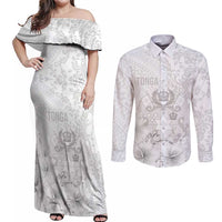 Tonga Faka Sepitema Couples Matching Off Shoulder Maxi Dress and Long Sleeve Button Shirt Ngatu and Floral Pattern with Blooming Hibiscus LT03 White - Polynesian Pride