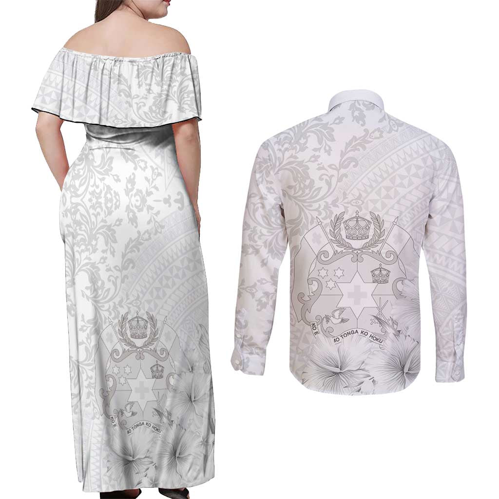 Tonga Faka Sepitema Couples Matching Off Shoulder Maxi Dress and Long Sleeve Button Shirt Ngatu and Floral Pattern with Blooming Hibiscus LT03 - Polynesian Pride