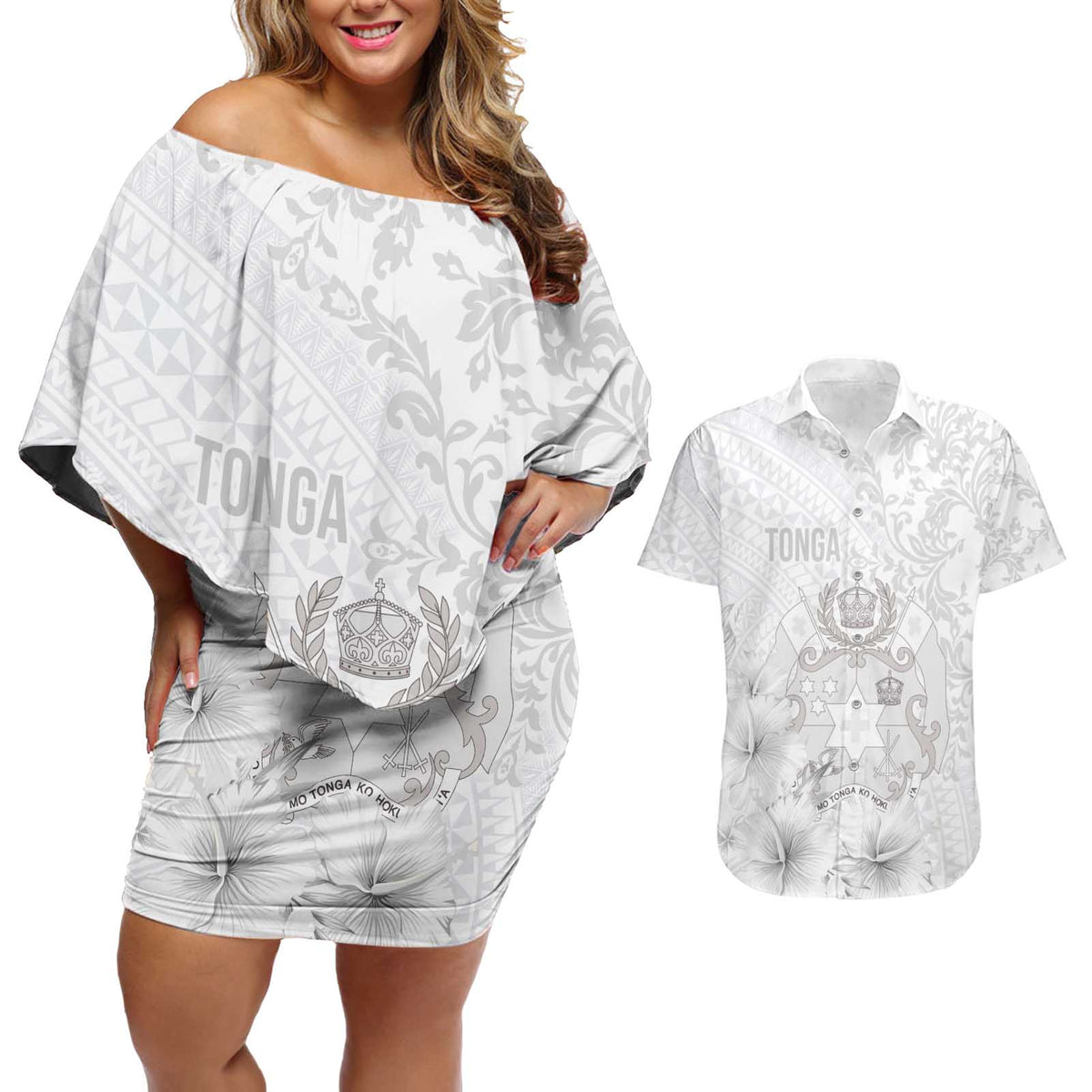 Tonga Faka Sepitema Couples Matching Off Shoulder Short Dress and Hawaiian Shirt Ngatu and Floral Pattern with Blooming Hibiscus LT03 White - Polynesian Pride