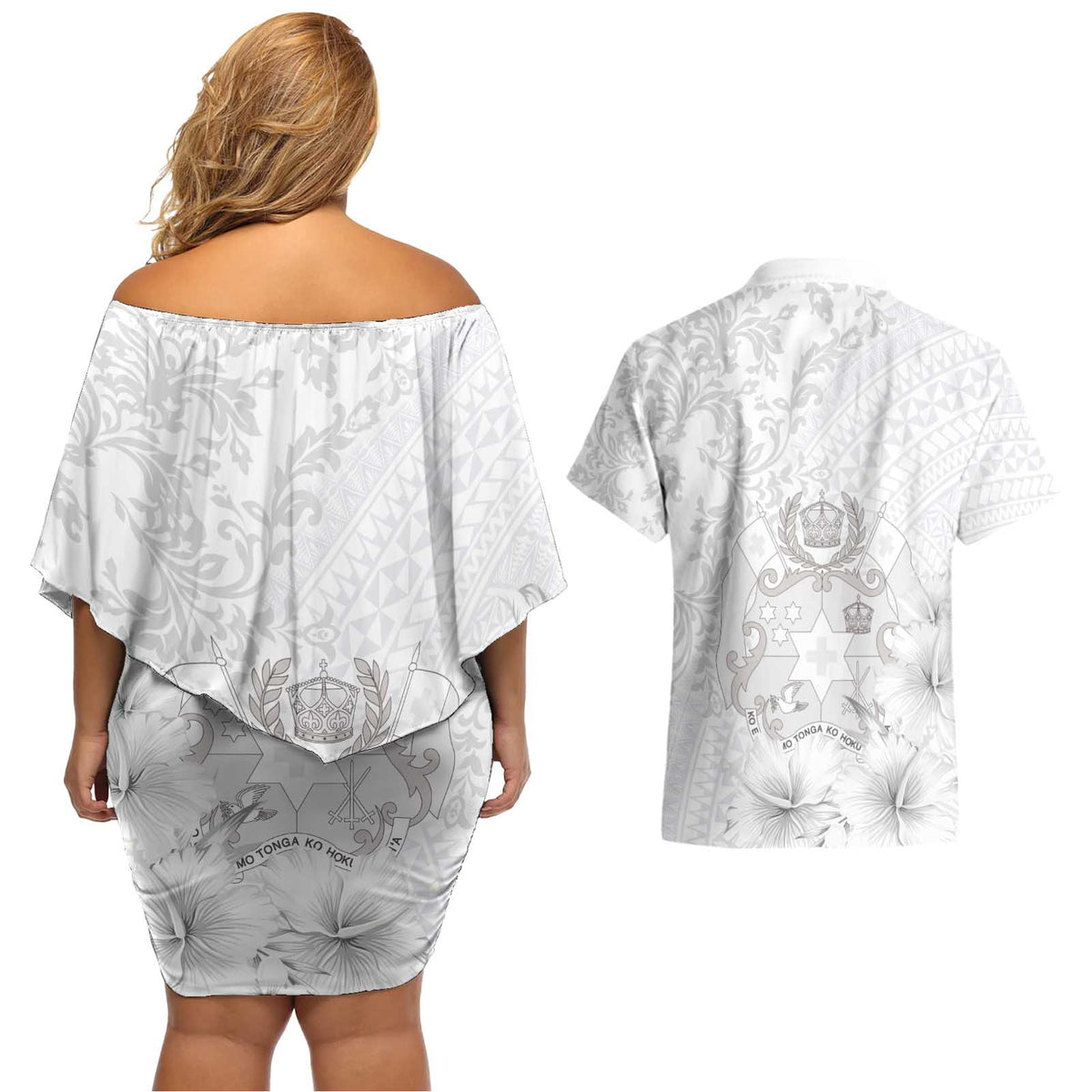 Tonga Faka Sepitema Couples Matching Off Shoulder Short Dress and Hawaiian Shirt Ngatu and Floral Pattern with Blooming Hibiscus LT03 - Polynesian Pride