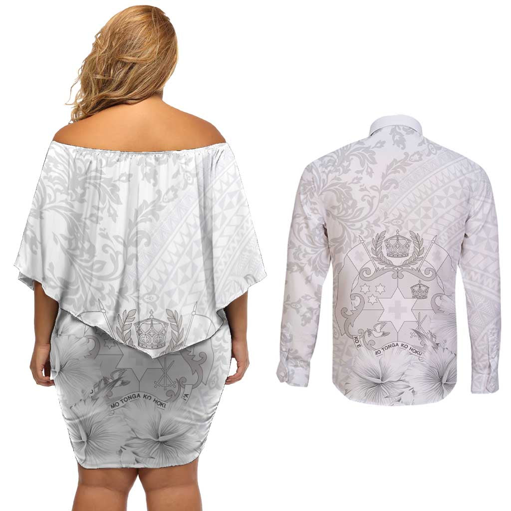 Tonga Faka Sepitema Couples Matching Off Shoulder Short Dress and Long Sleeve Button Shirt Ngatu and Floral Pattern with Blooming Hibiscus LT03 - Polynesian Pride