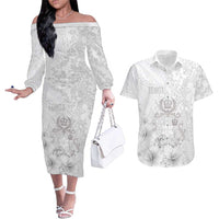 Tonga Faka Sepitema Couples Matching Off The Shoulder Long Sleeve Dress and Hawaiian Shirt Ngatu and Floral Pattern with Blooming Hibiscus LT03 White - Polynesian Pride