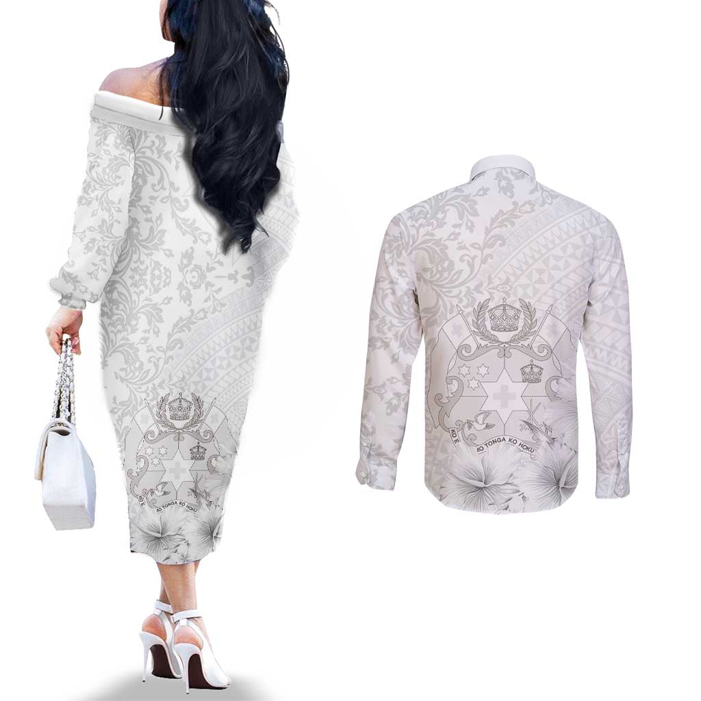 Tonga Faka Sepitema Couples Matching Off The Shoulder Long Sleeve Dress and Long Sleeve Button Shirt Ngatu and Floral Pattern with Blooming Hibiscus LT03 - Polynesian Pride