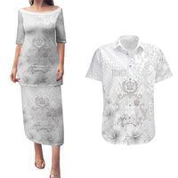 Tonga Faka Sepitema Couples Matching Puletasi and Hawaiian Shirt Ngatu and Floral Pattern with Blooming Hibiscus LT03 White - Polynesian Pride