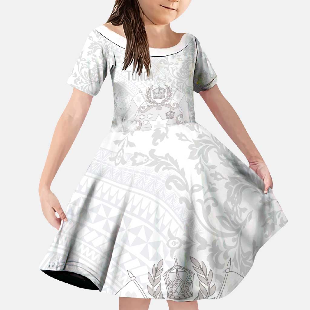 Tonga Faka Sepitema Family Matching Off Shoulder Maxi Dress and Hawaiian Shirt Ngatu and Floral Pattern with Blooming Hibiscus LT03 Daughter's Dress White - Polynesian Pride