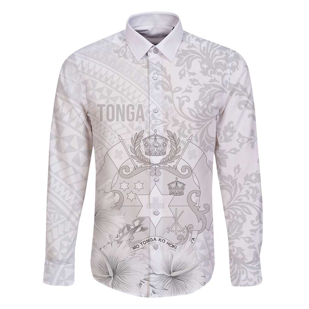 Tonga Faka Sepitema Family Matching Off Shoulder Maxi Dress and Hawaiian Shirt Ngatu and Floral Pattern with Blooming Hibiscus LT03 Dad's Shirt - Long Sleeve White - Polynesian Pride