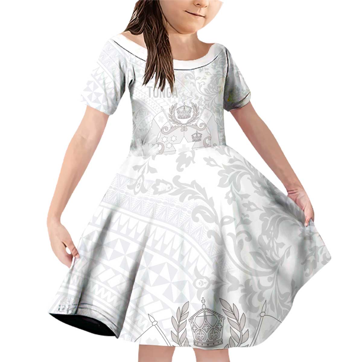 Tonga Faka Sepitema Family Matching Off Shoulder Short Dress and Hawaiian Shirt Ngatu and Floral Pattern with Blooming Hibiscus LT03 Daughter's Dress White - Polynesian Pride