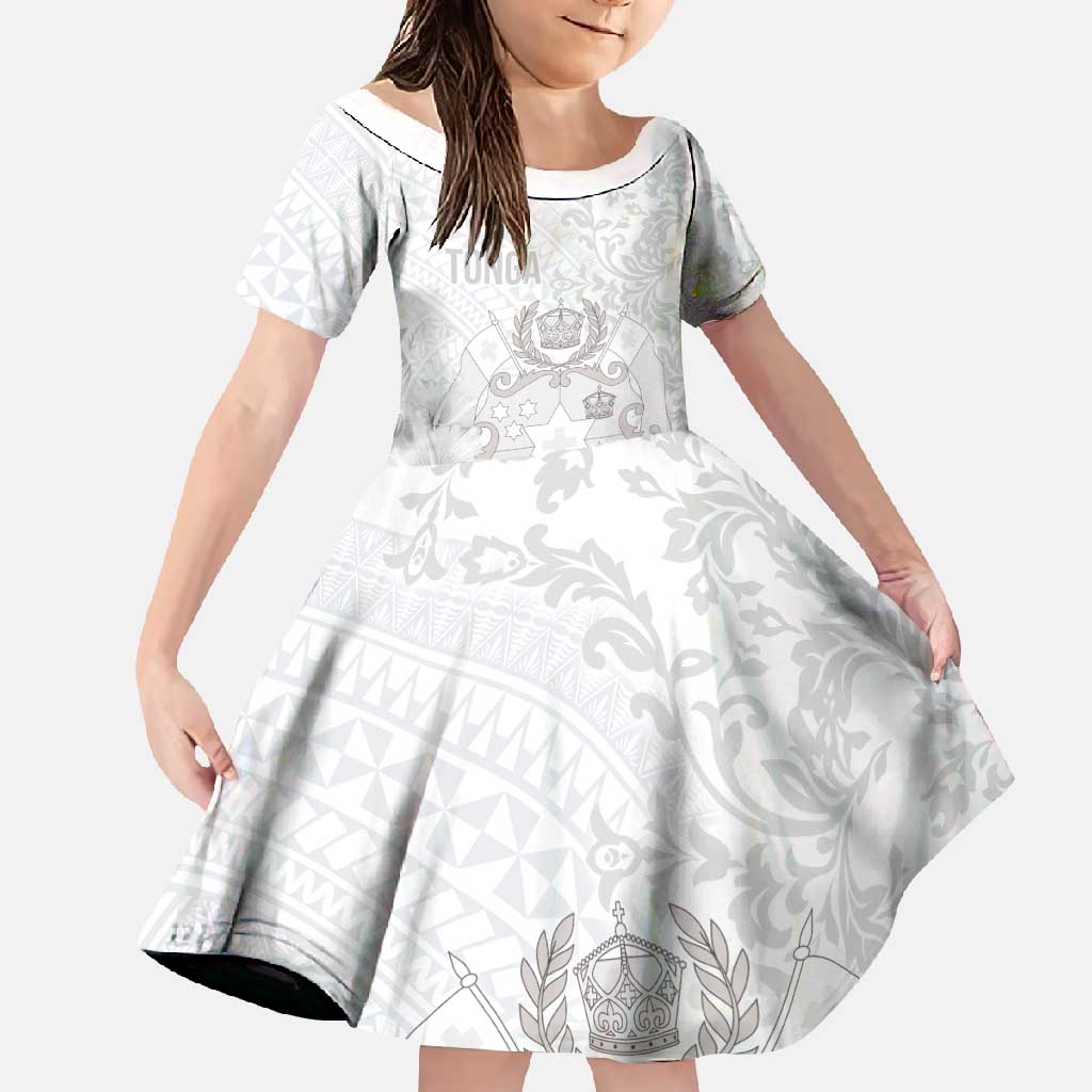 Tonga Faka Sepitema Family Matching Summer Maxi Dress and Hawaiian Shirt Ngatu and Floral Pattern with Blooming Hibiscus LT03 Daughter's Dress White - Polynesian Pride