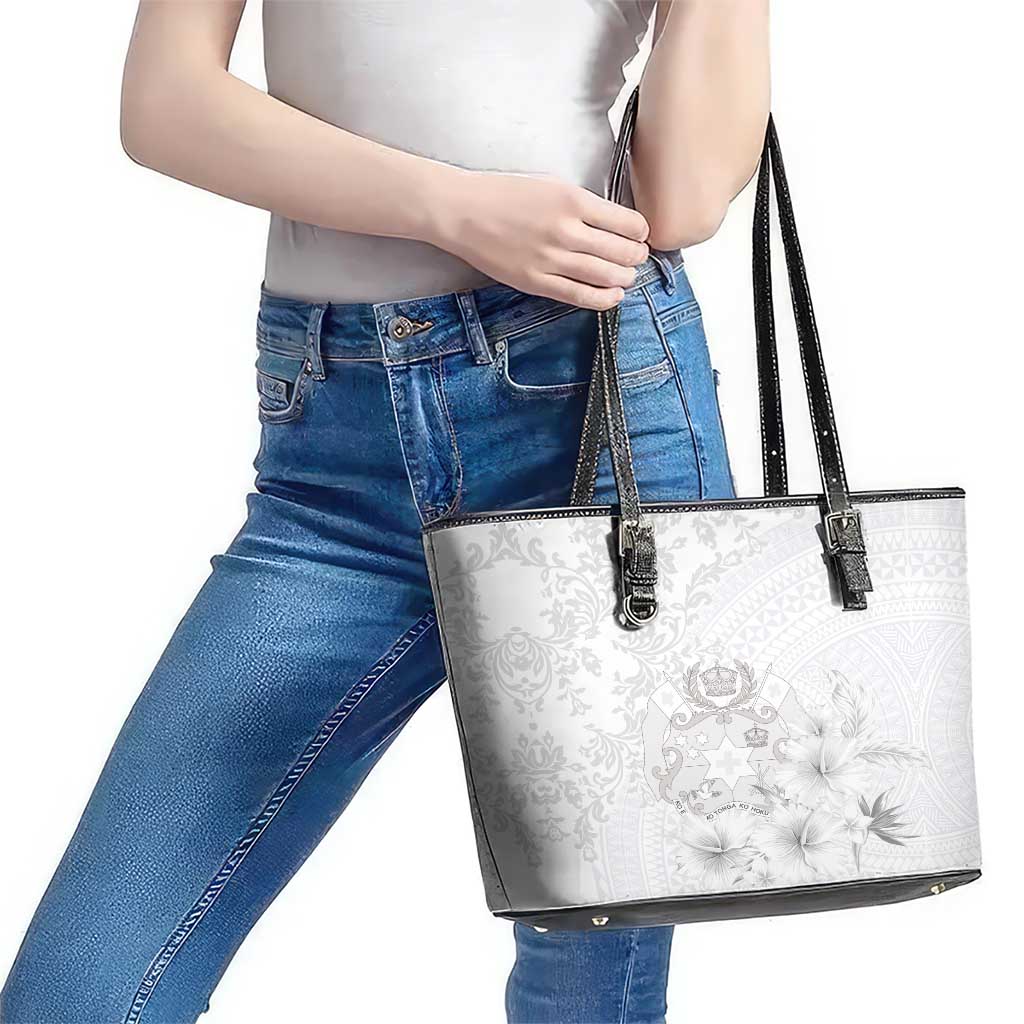 Tonga Faka Sepitema Leather Tote Bag Ngatu and Floral Pattern with Blooming Hibiscus