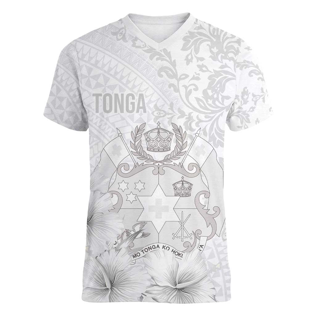 Tonga Faka Sepitema Women V-Neck T-Shirt Ngatu and Floral Pattern with Blooming Hibiscus LT03 Female White - Polynesian Pride