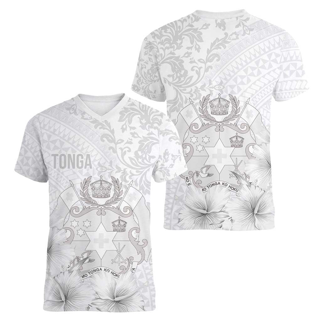 Tonga Faka Sepitema Women V-Neck T-Shirt Ngatu and Floral Pattern with Blooming Hibiscus LT03 - Polynesian Pride